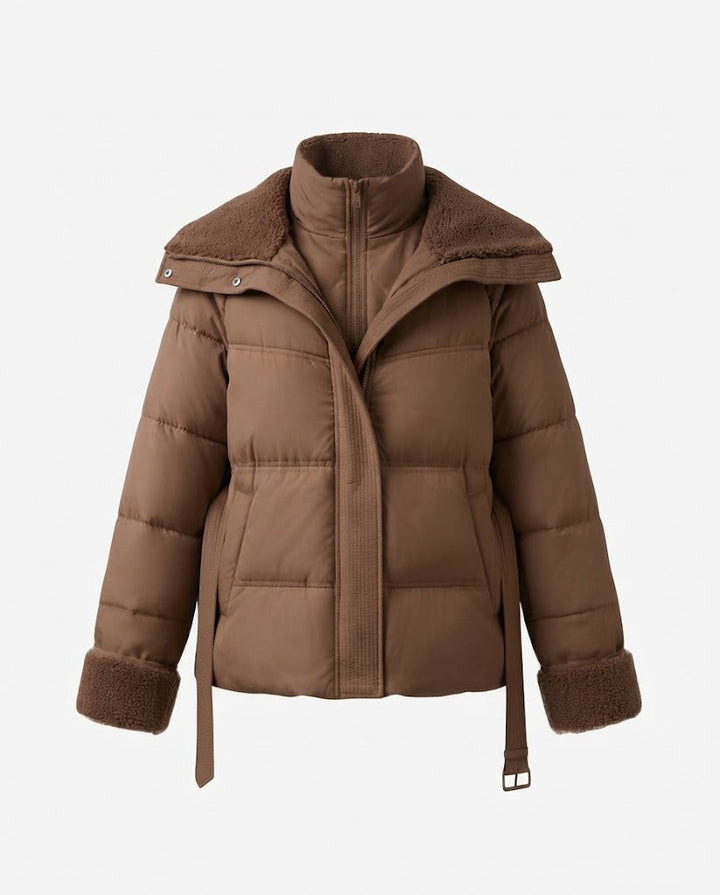 Damen kurze gepolsterte gesteppte Parka mit voluminösem Teddy-Kragen, tailliertem Gürtel und verdecktem Reißverschluss