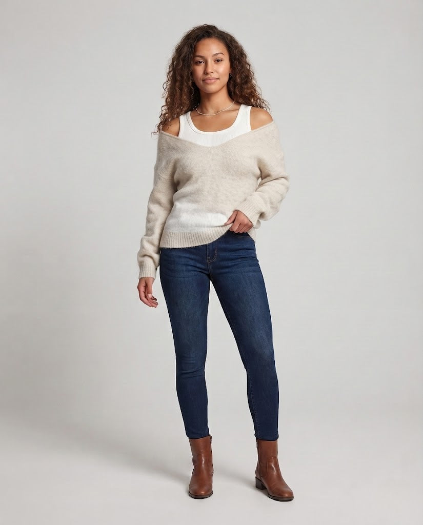Damen Oversize Strickpullover mit Ein‑Schulter‑Layering und flauschiger Mohairoptik Echo Archiv