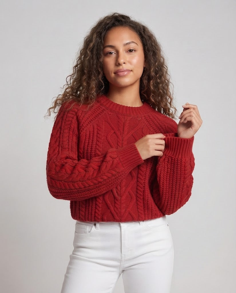 Damen Boxy-Pullover mit Zopfstruktur, Ajour‑Einsatz und weichem Flor Echoarchiv