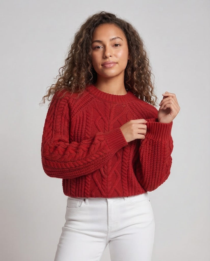 Damen Boxy-Pullover mit Zopfstruktur, Ajour‑Einsatz und weichem Flor Echoarchiv
