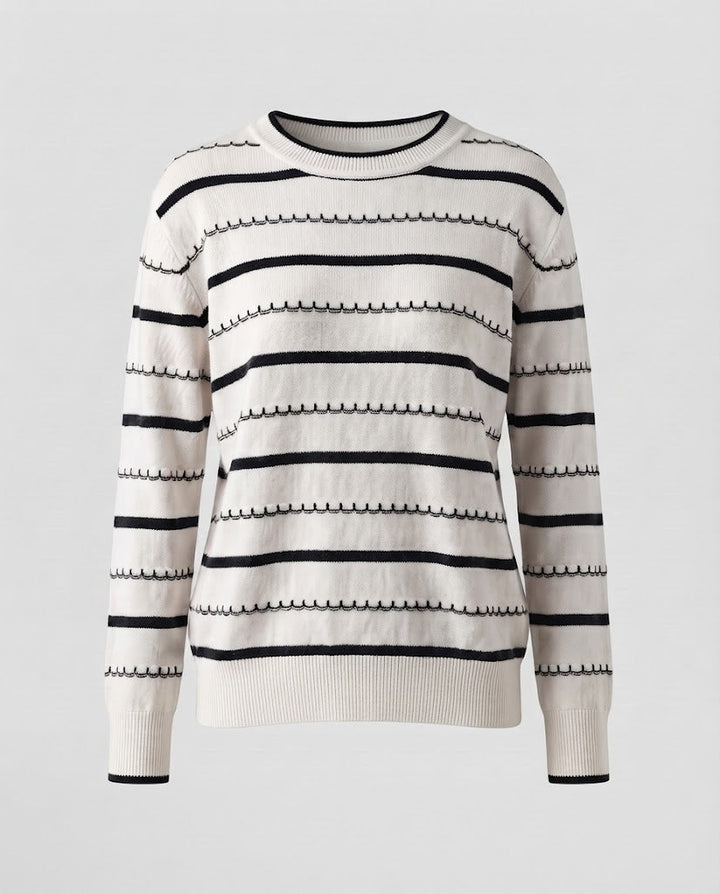 Damen Gestreifter Feinstrickpullover mit Ziernaht und Rundhalsausschnitt Echoarchiv