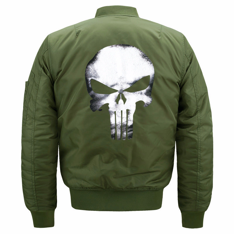 Men's skull-back printed lightweight nylon bomber jacket with ribbed cuffs and sleeve utility pocket – Brevano