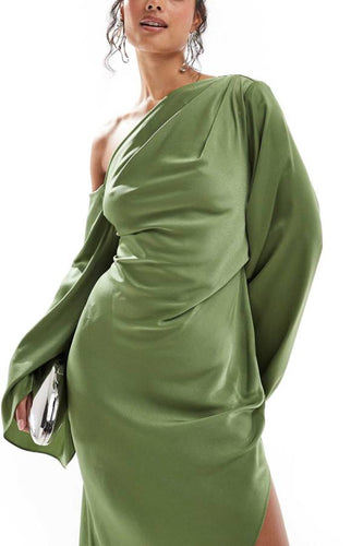 Echoarchiv | Zayla Satin Asymmetrisches Ein Schulter Glockenärmel Schlitz Maxi Kleid