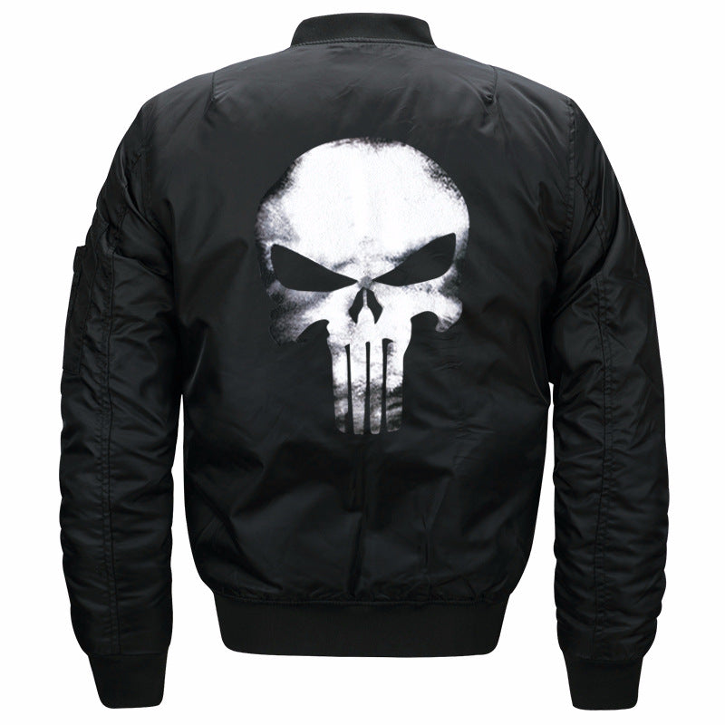 Men's skull-back printed lightweight nylon bomber jacket with ribbed cuffs and sleeve utility pocket – Brevano