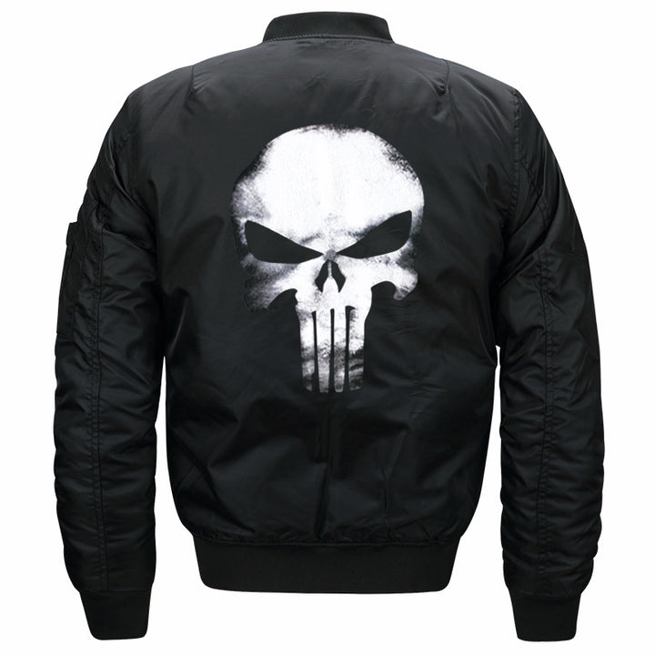 Men's skull-back printed lightweight nylon bomber jacket with ribbed cuffs and sleeve utility pocket – Brevano