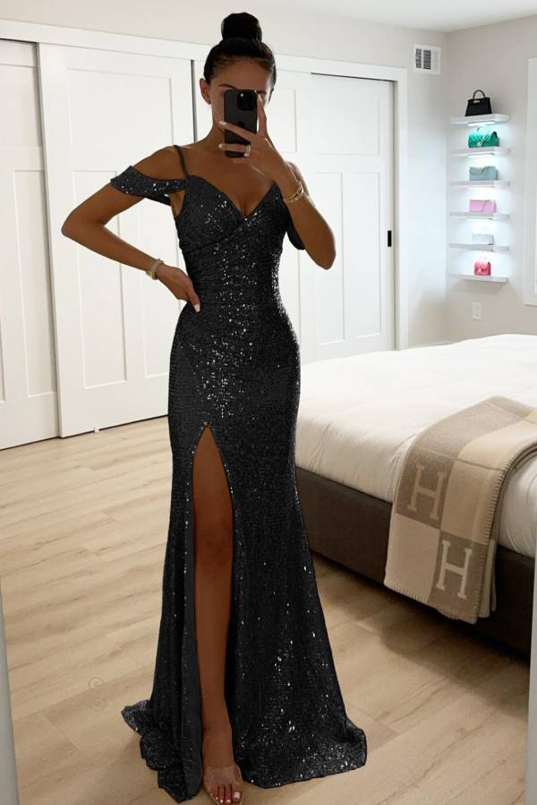 Echoarchiv | Paillettenspitze Meerjungfrau Abschlussballkleider mit Schlitz Off-Shoulder Abendkleid