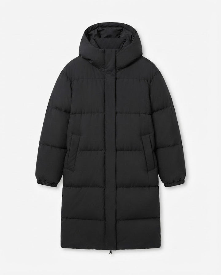Damen Nan Ultra-Watt-beschichtete Longline-Pufferjacke mit ergonomischer Kapuze, verdecktem Druckknopfverschluss und thermoregulierender Isolierung