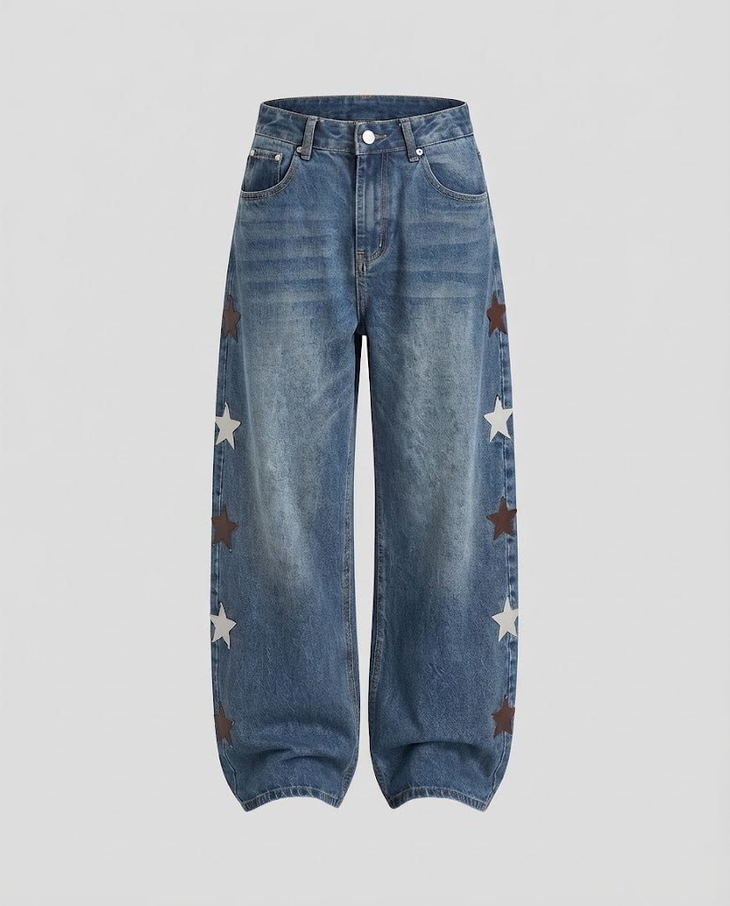 Damen Tiefsitzende Palazzodenim-Jeans mit extra weitem Bein und Stern-Applikationen Echo Archiv
