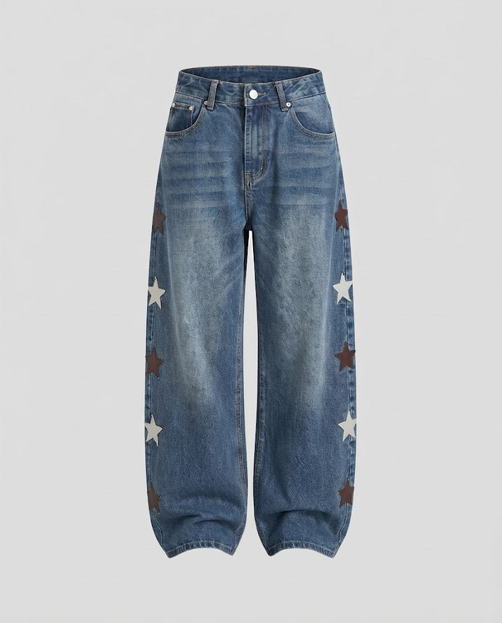 Damen Tiefsitzende Palazzodenim-Jeans mit extra weitem Bein und Stern-Applikationen Echo Archiv