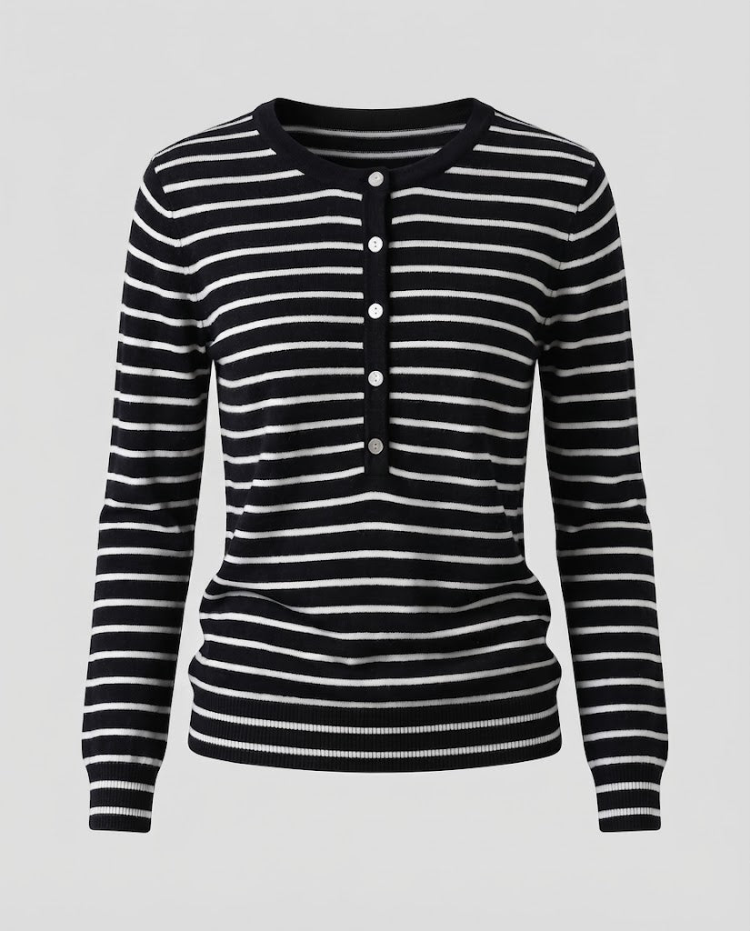 Damen Gestreifter Henley-Feinstrickpullover mit Knopfleiste Echoarchiv