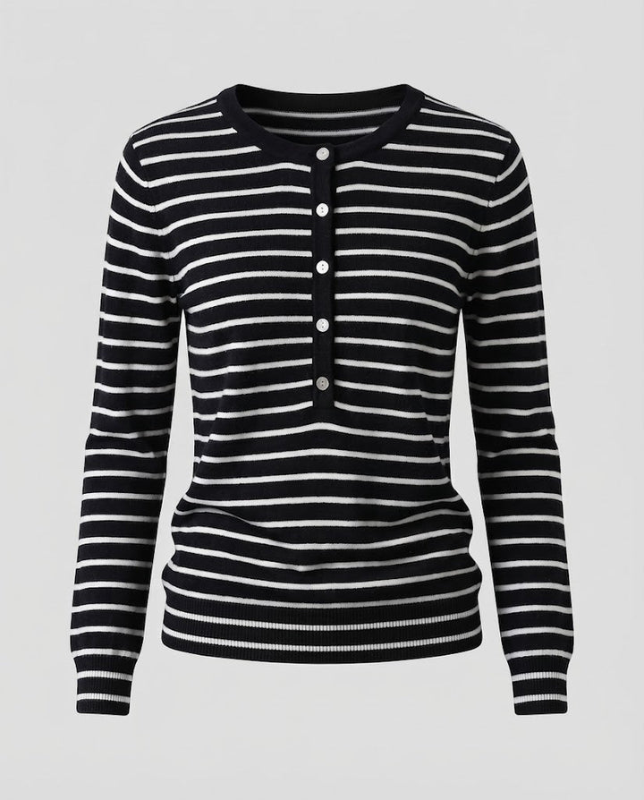 Damen Gestreifter Henley-Feinstrickpullover mit Knopfleiste Echoarchiv