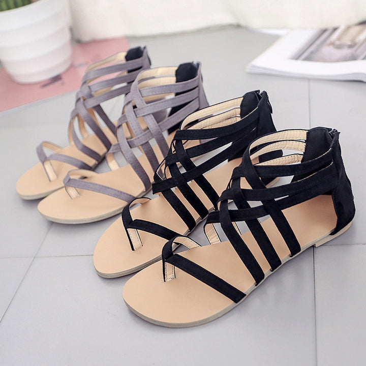 Damen nan flache Römersandalen mit mehrreihigen Knöchelriemen, Zehensteg und Reißverschluss-Fersenkappe Echo Archiv