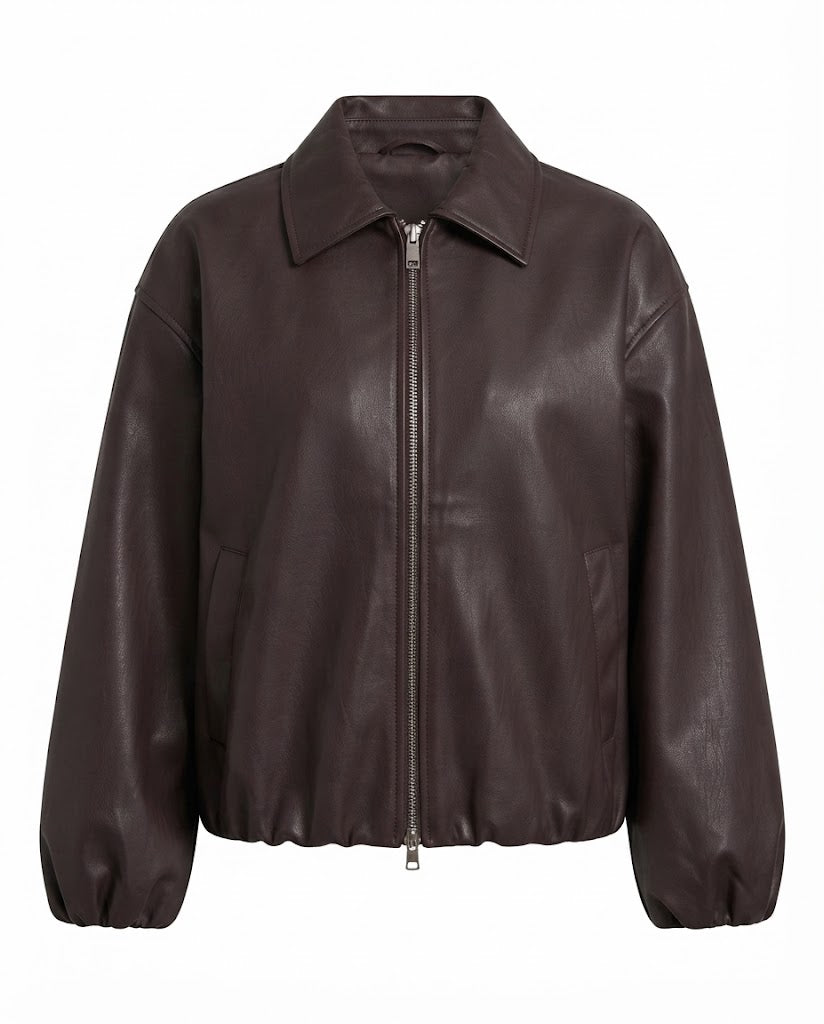 Damen Oversized Lederlook Blouson mit Hemdkragen, Reißverschluss und elastischem Saum Echoarchiv