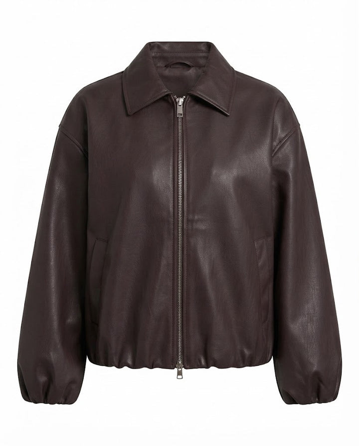 Damen Oversized Lederlook Blouson mit Hemdkragen, Reißverschluss und elastischem Saum Echoarchiv
