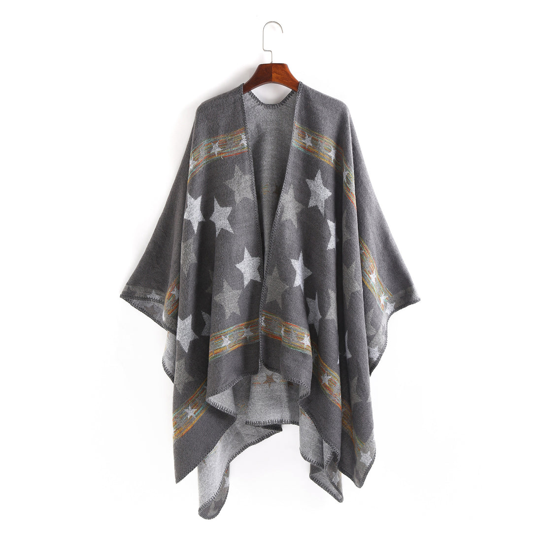Damen Oversize-Ruana-Poncho mit Sternjacquard und Zierstichkante – Célinea