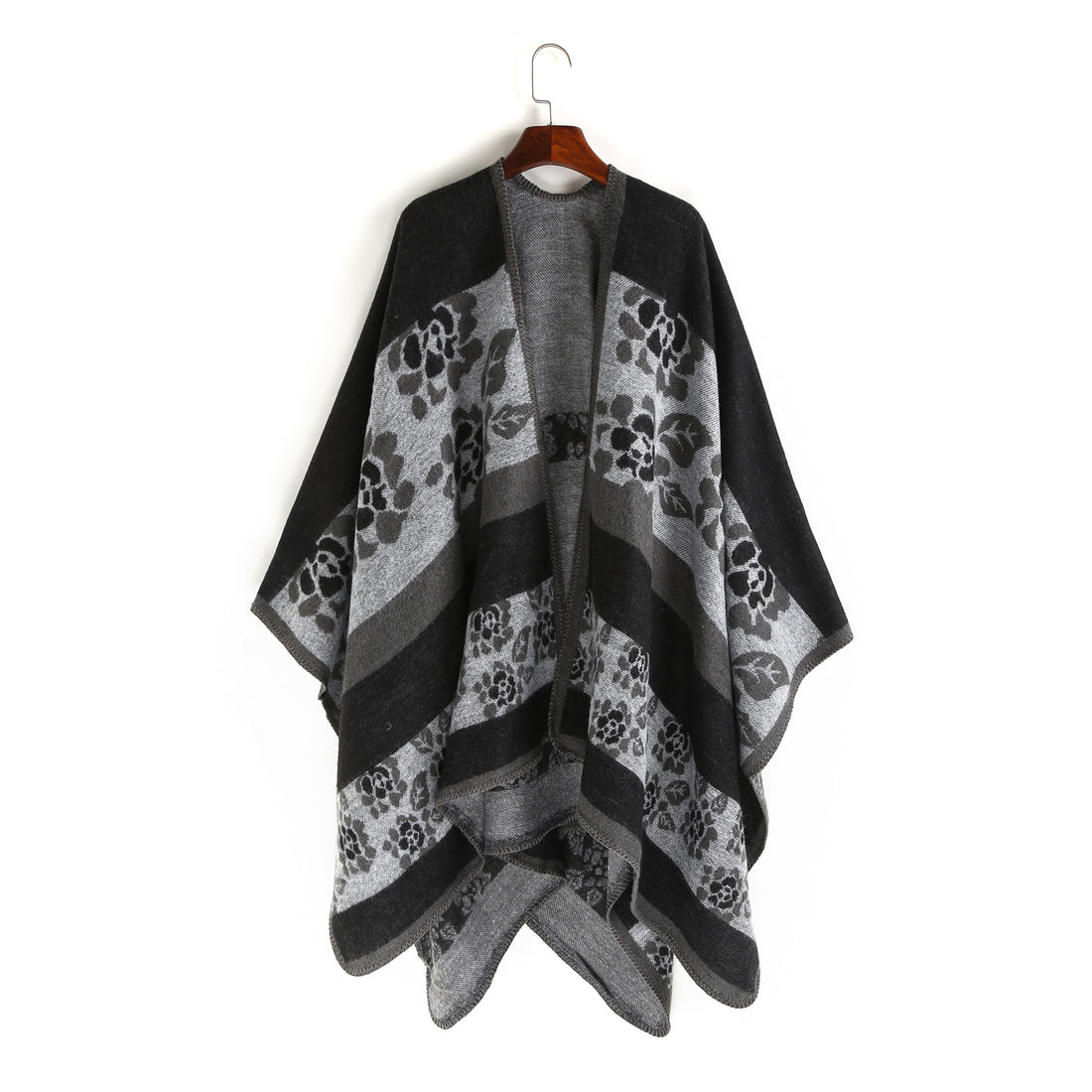 Damen Oversize-Ruana-Poncho mit Sternjacquard und Zierstichkante – Célinea