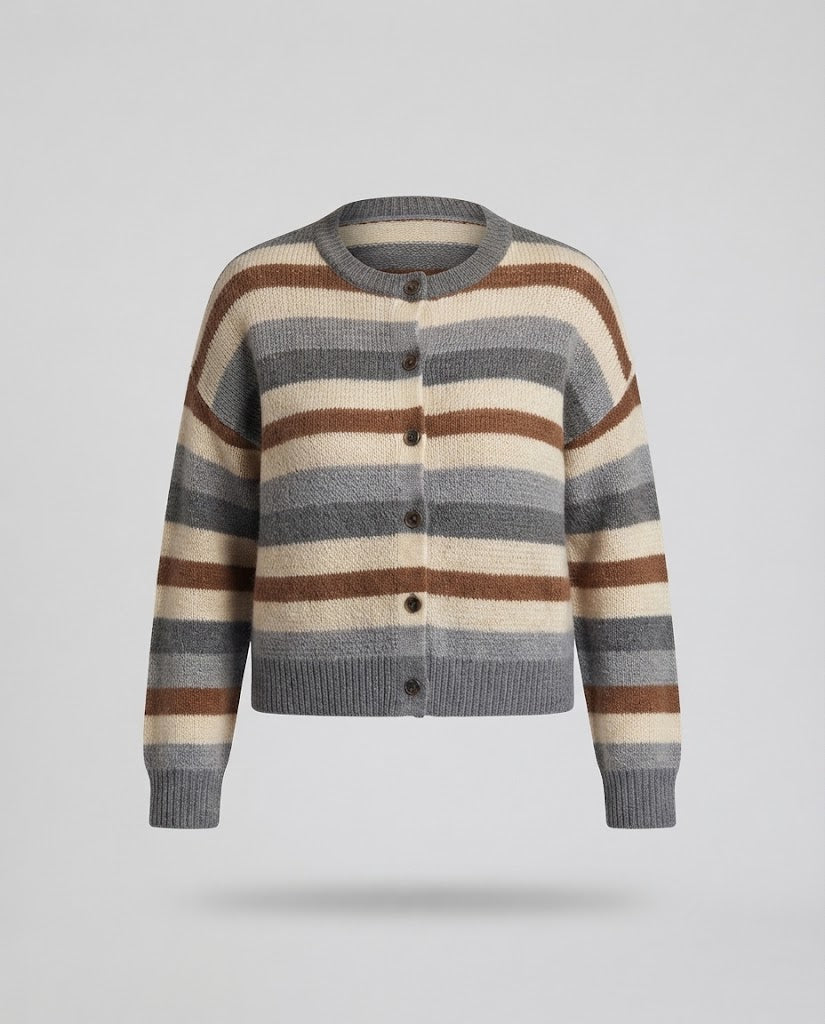 Damen Kurze Cardigan im Retro-Streifen-Look mit Rippenbündchen Echo Archiv