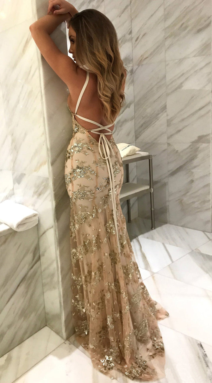 Damen Glamouröses langes Abendkleid mit Pailletten und tiefem V-Ausschnitt Echoarchiv