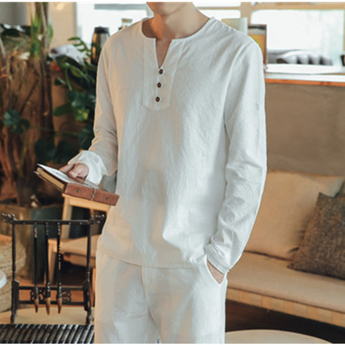 Herren Langärmeliges Henley-Hemd mit Stehkragen, Kurzknopfleiste und Relaxed Fit Echoarchiv