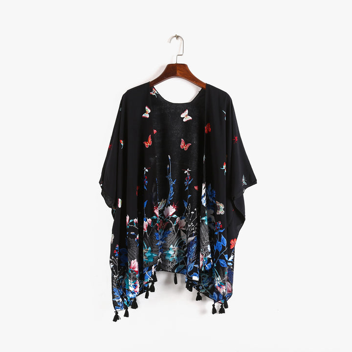Damen Kaftan-Kimono-Überwurf mit floralem Print, Schmetterlingsstickerei und Quasten – Avérine