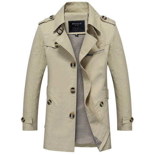 Leichter Baumwoll-Trenchcoat für Herren mit Reverskragen, Schulterklappen, kontrastierender Innenauskleidung und verdeckter Knopfleiste – Marzano