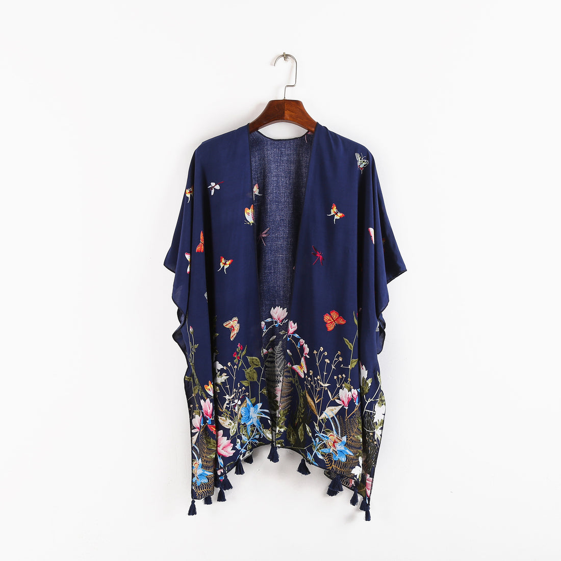 Damen Kaftan-Kimono-Überwurf mit floralem Print, Schmetterlingsstickerei und Quasten – Avérine