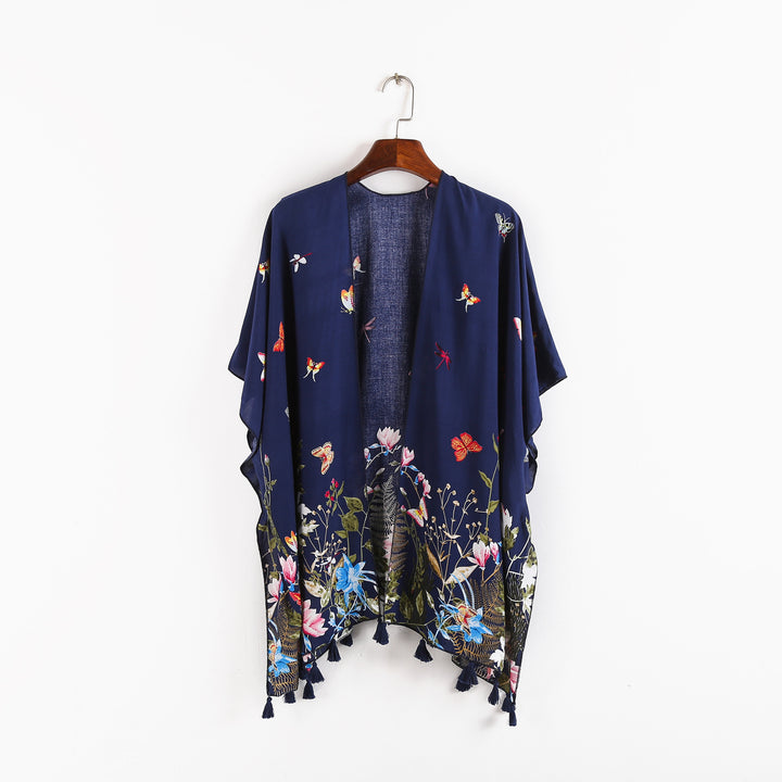 Damen Kaftan-Kimono-Überwurf mit floralem Print, Schmetterlingsstickerei und Quasten – Avérine