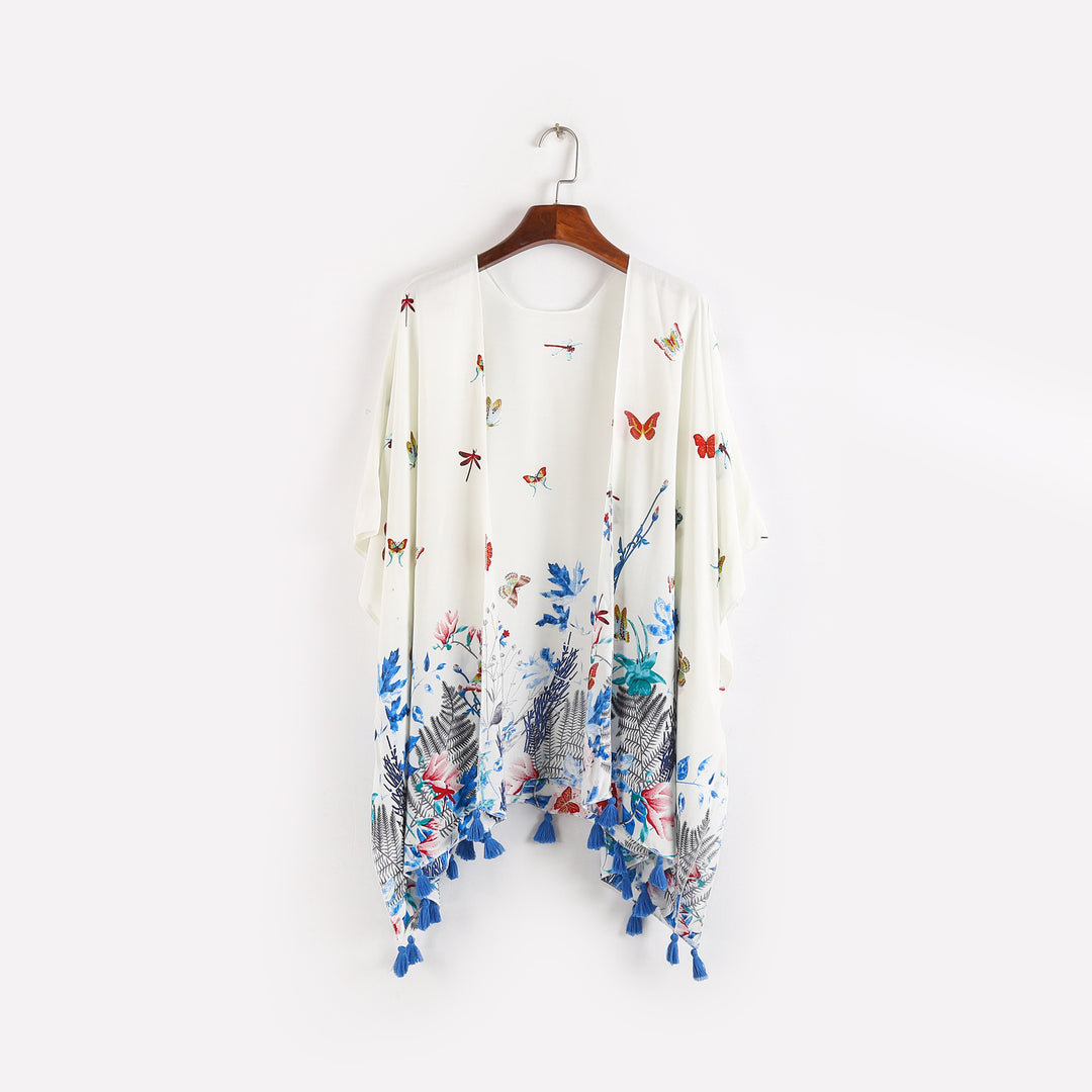 Damen Kaftan-Kimono-Überwurf mit floralem Print, Schmetterlingsstickerei und Quasten – Avérine
