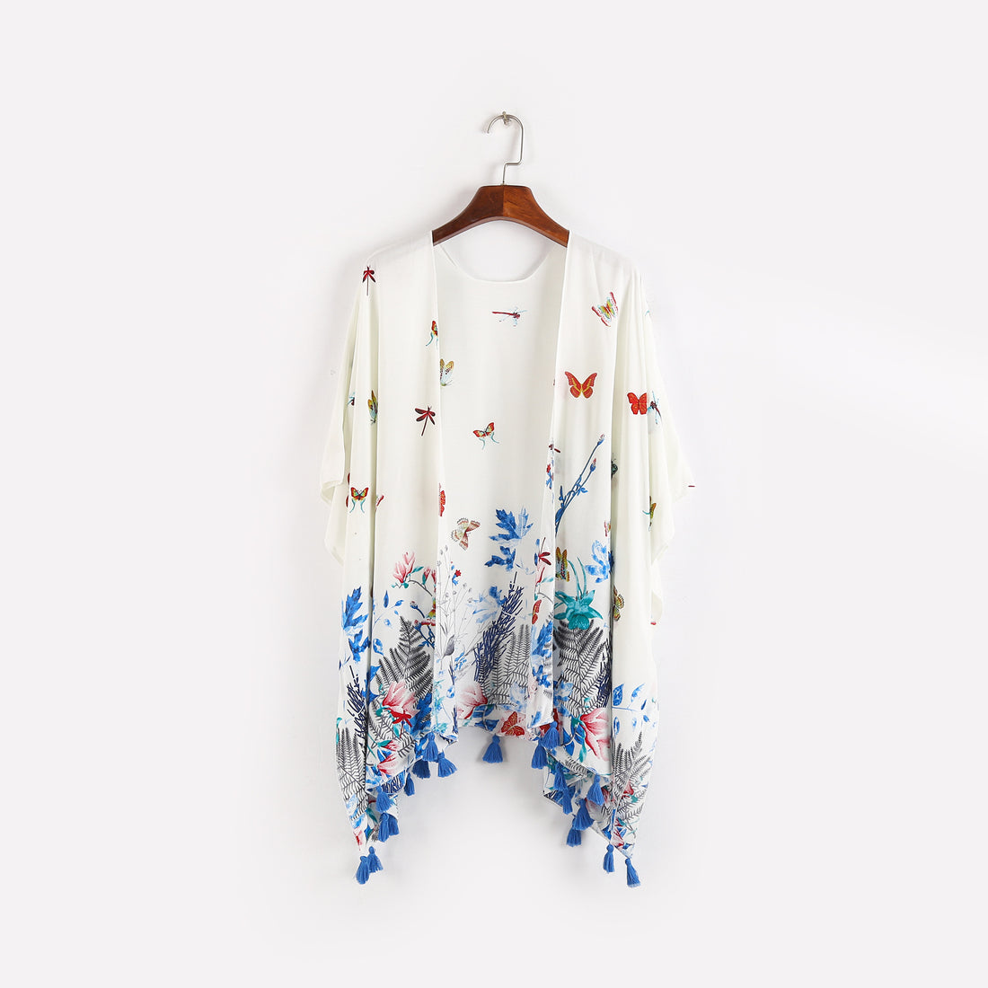 Damen Kaftan-Kimono-Überwurf mit floralem Print, Schmetterlingsstickerei und Quasten – Avérine