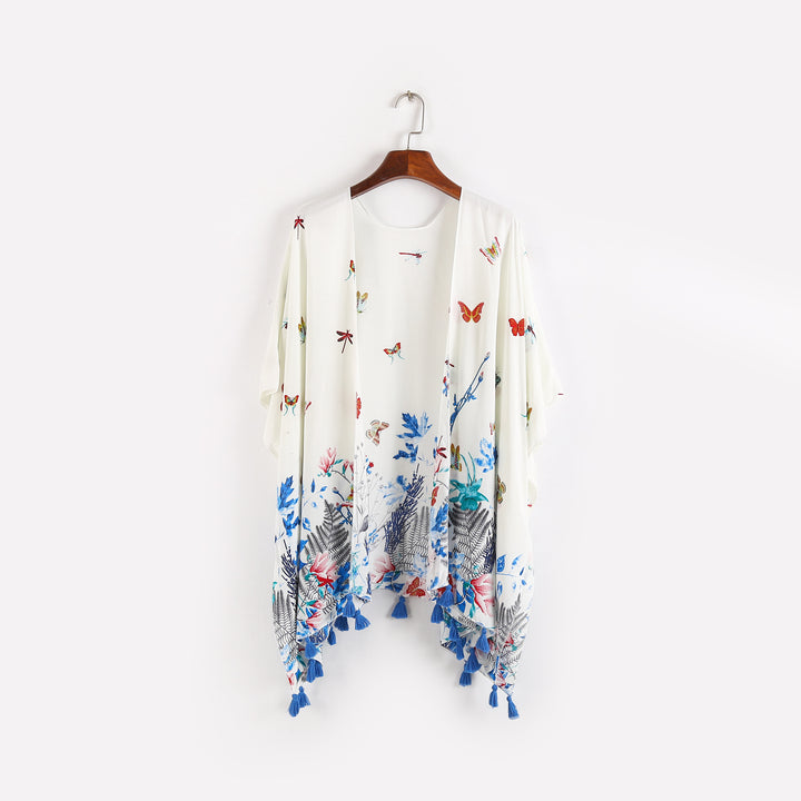 Damen Kaftan-Kimono-Überwurf mit floralem Print, Schmetterlingsstickerei und Quasten – Avérine