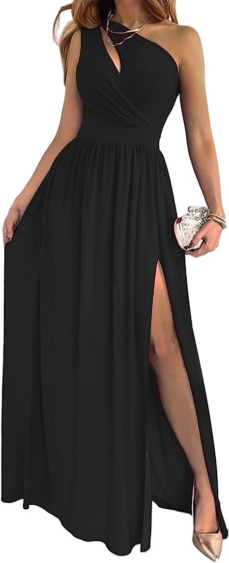 Echoarchiv | Damen-Cocktail-Maxikleid mit Ein-Schulter-Hohem Geteiltem Ausschnitt