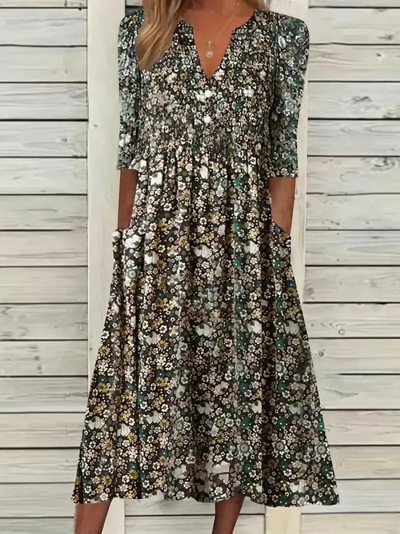 Echoarchiv | Midikleid A-Linie Passform V-Ausschnitt 3/4 Ärmel Blumenmuster