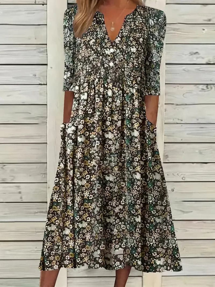 Echoarchiv | Midikleid A-Linie Passform V-Ausschnitt 3/4 Ärmel Blumenmuster