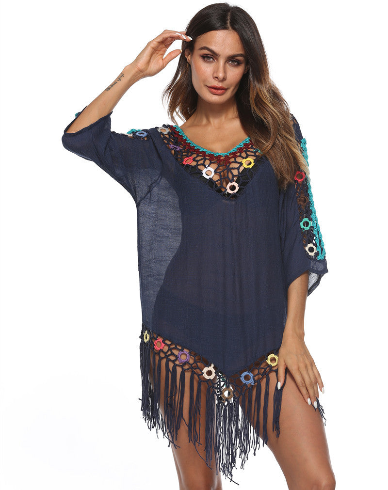 Damen Elegante Häkel-Strandtunika mit fransigen Details und bunten Applikationen Echo Archiv