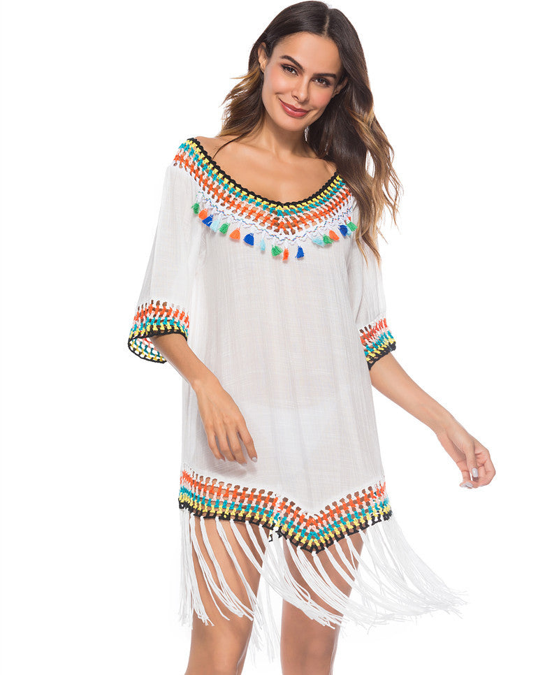 Damen Strandüberwurfkleid mit fransigem Saum und buntem Häkelmuster Echo Archiv