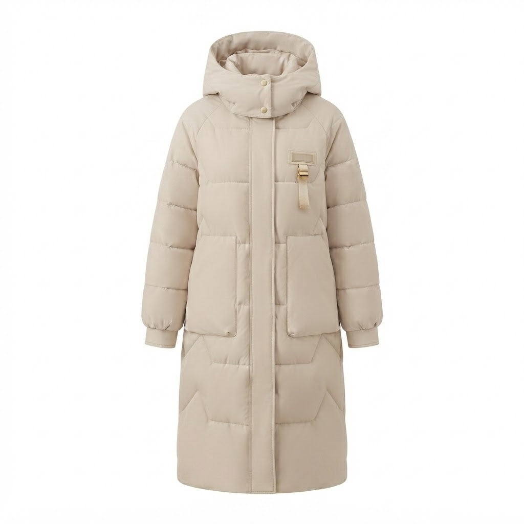 Damen Lange Thermo Steppjacke mit Übergroßer Kapuze und Windschutz Echoarchiv