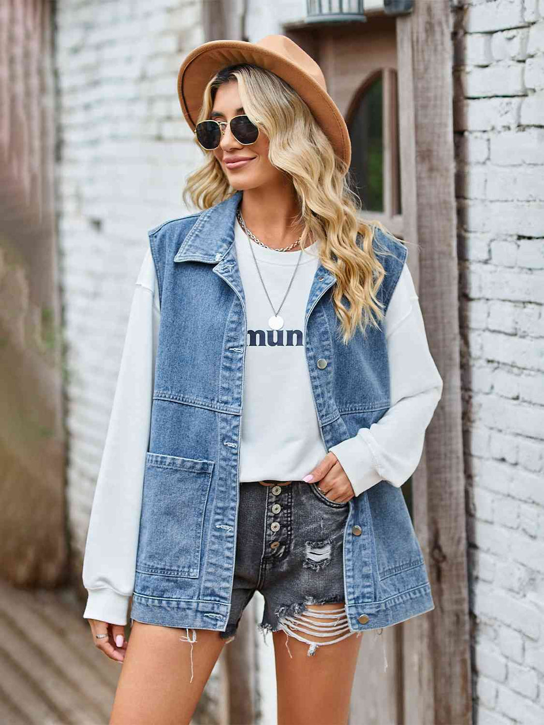 Knopf-Front Ärmellose Jeansjacke – Célinea