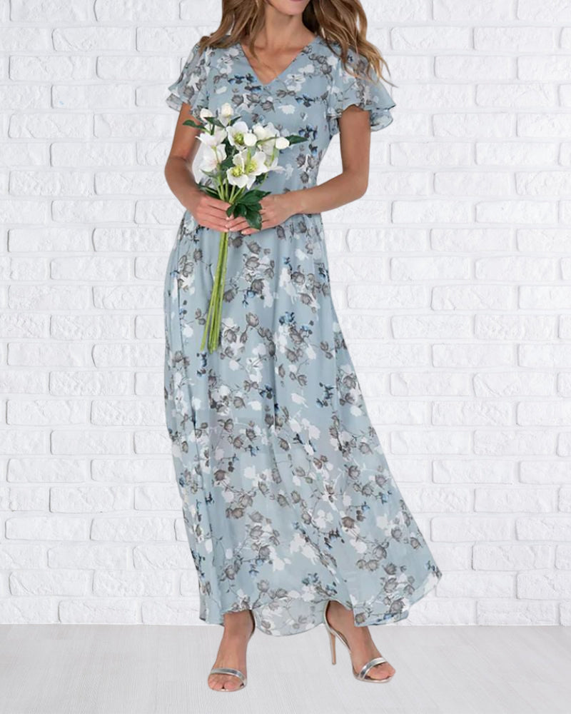 Echoarchiv | Florales Maxikleid Damen Chiffonstoff Luftiges Sommerkleid Maxikleid mit Fließendem Rock