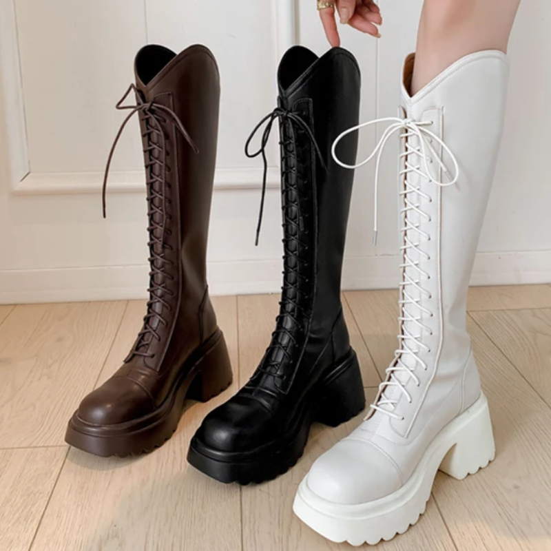 Echoarchiv | Hohe Stiefel Damenstiefel mit Schnürung und Robuster Ferse