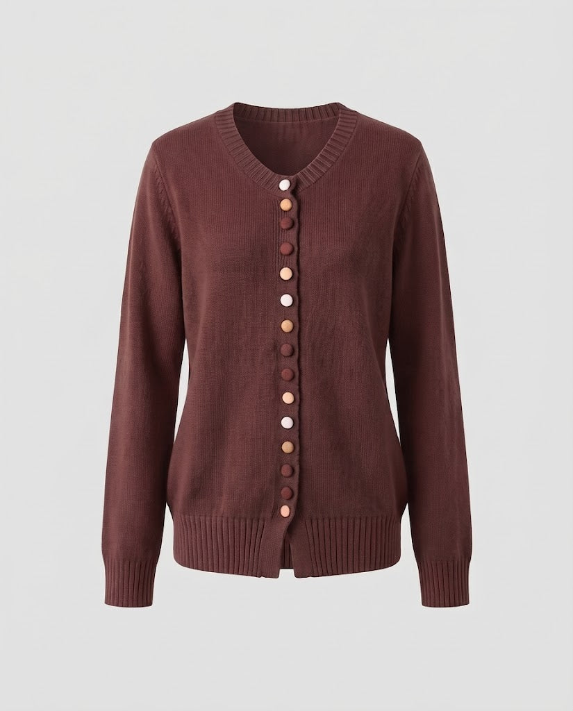 Damen Feiner V-Ausschnitt-Cardigan mit mehrfarbigen Zierknöpfen und geripptem Saum Echoarchiv