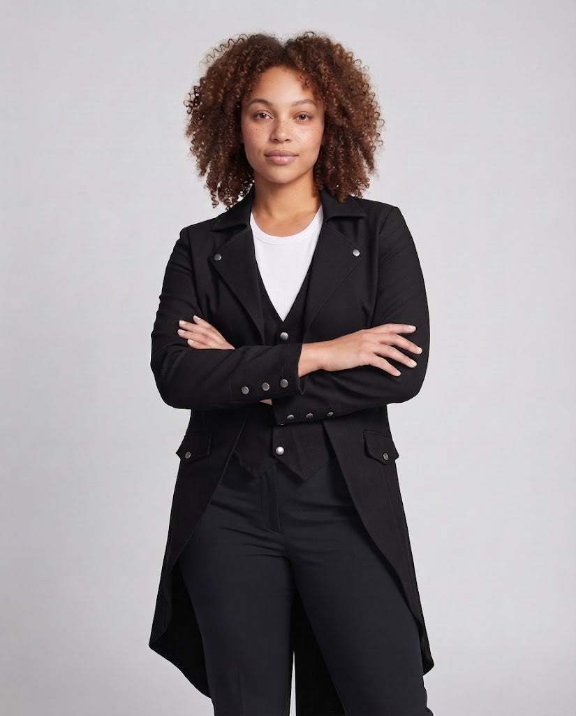 Damen Langmantel mit asymmetrischem Schnitt und aufwändigen Knopfdetails Echo Archiv