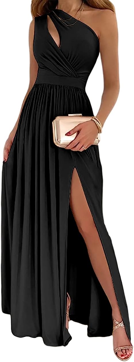 Echoarchiv | Damen-Cocktail-Maxikleid mit Ein-Schulter-Hohem Geteiltem Ausschnitt