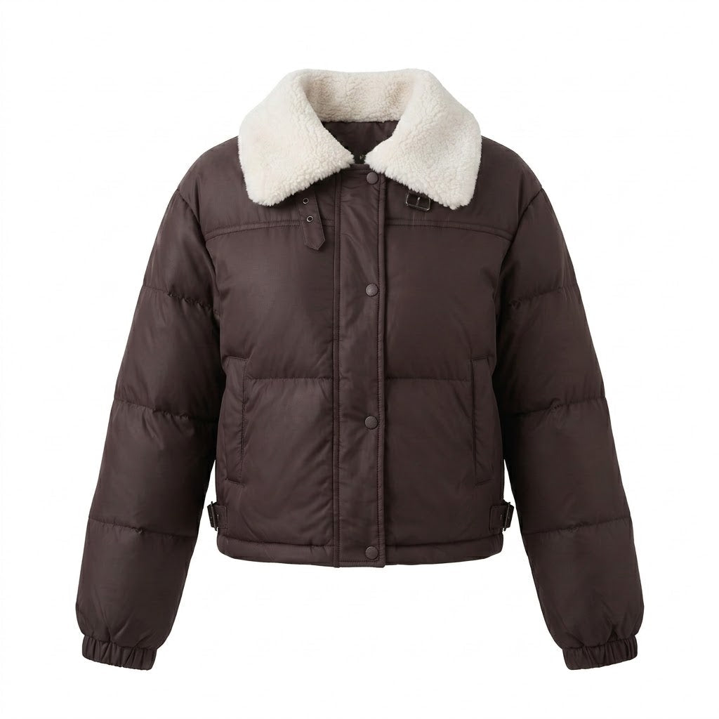 Damen kurze gepolsterte Pufferjacke mit Teddy-Kragen, verdeckter Druckknopfblende und Isolierung für Reisen