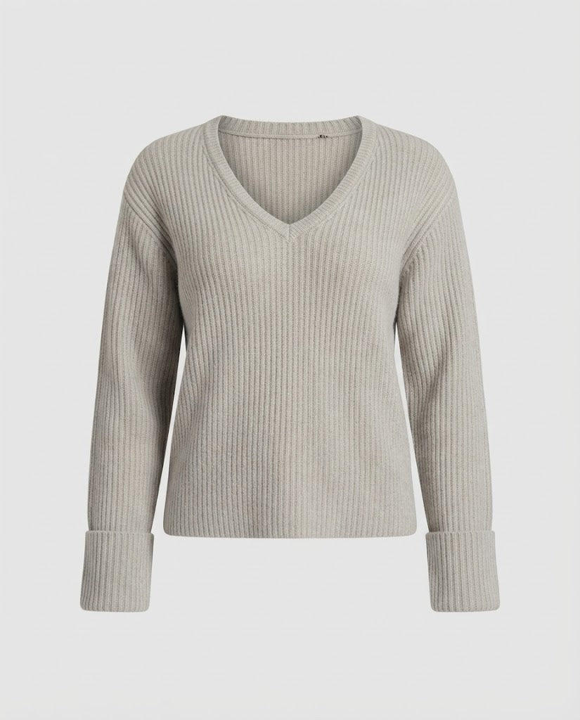 Damen Weicher Rippstrickpullover mit tiefem V‑Ausschnitt und voluminösen Ärmeln Echo Archiv