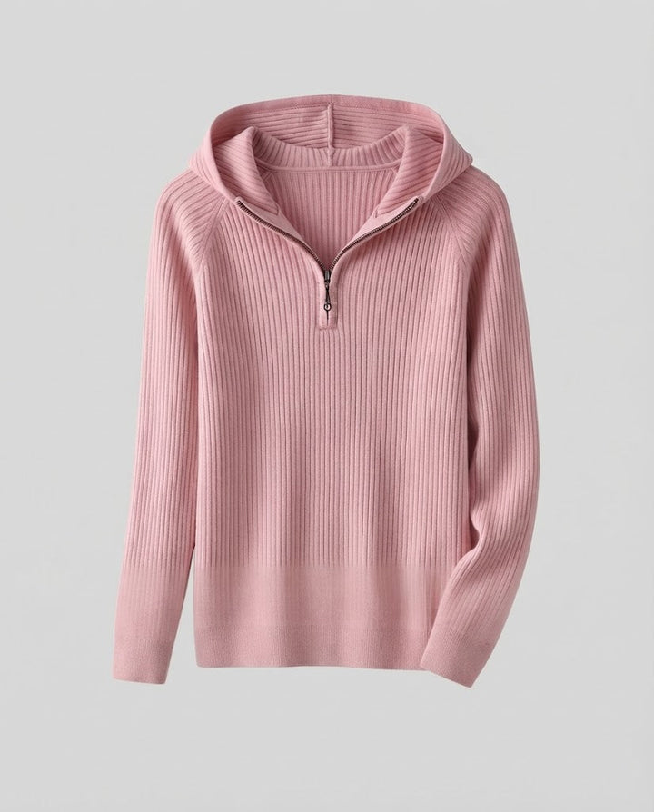 Damen Kaschmir-Optik Feinstrick-Pullover mit halbem Reißverschluss und feiner Rippenstruktur Echoarchiv
