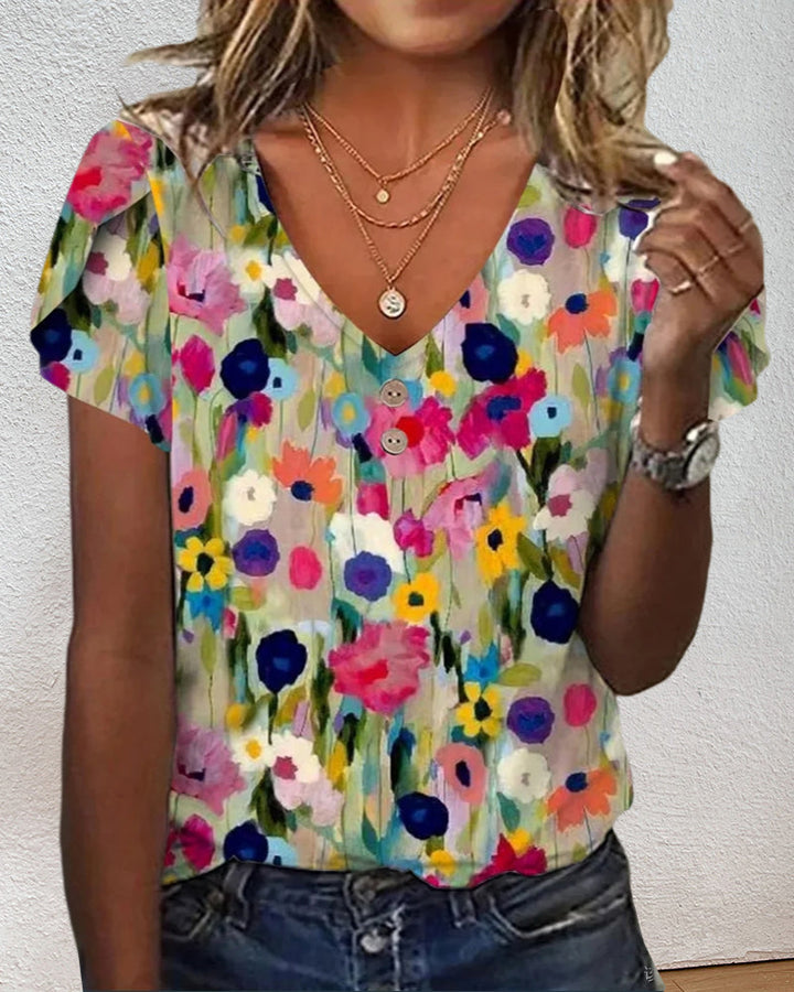 Kurzärmlige Farbenfrohe Blumenbluse mit V-Ausschnitt – Élovi