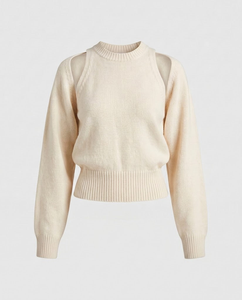Damen Feinstrick-Pullover mit Cut-Out-Schulterdetail und tailliertem Rippbund Echo Archiv