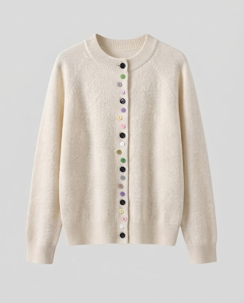 Damen Feinstrick-Cardigan mit bunter Knopfleiste und feinem Rippbund Echoarchiv