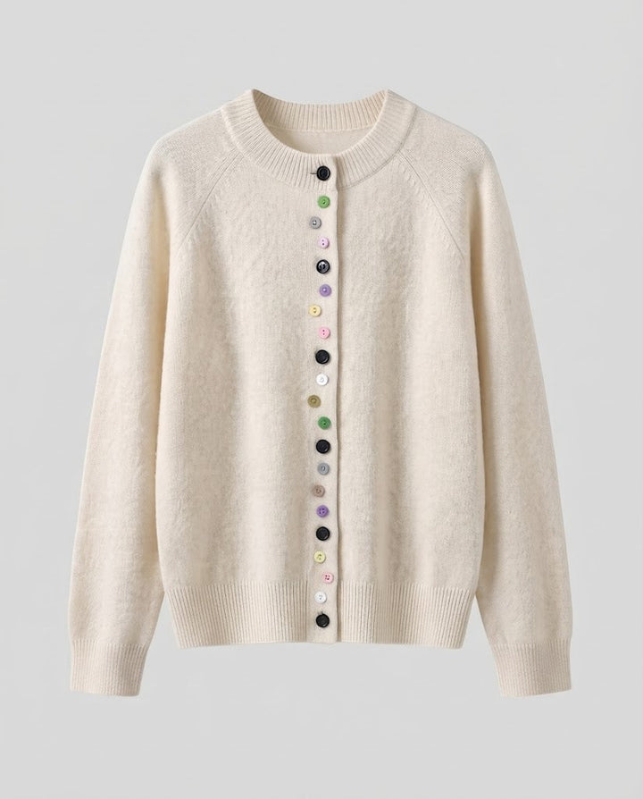 Damen Feinstrick-Cardigan mit bunter Knopfleiste und feinem Rippbund Echoarchiv