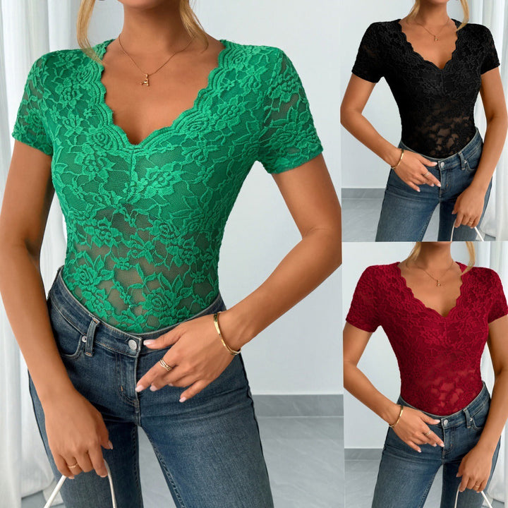 Damen Einfarbig Sexy Spitze V-Ausschnitt Kurzarm – Avérine